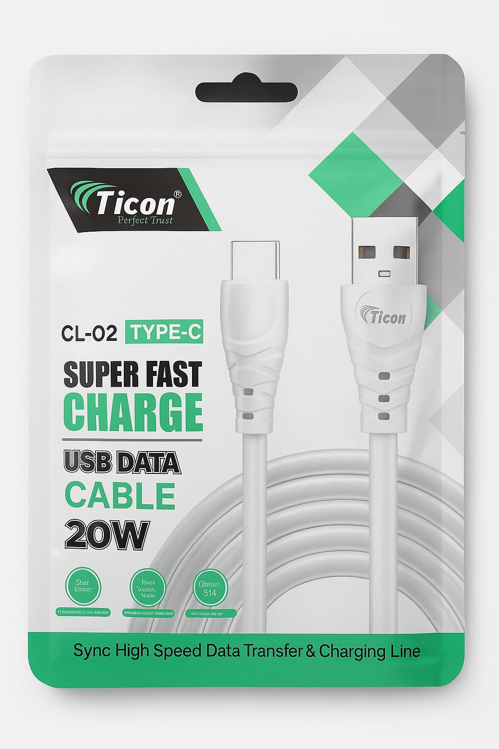 Ticon CL-02 Type-C USB Data Cable | 20W Super Fast Charging | High-Speed Sync | Durable & Safe Charging Cable
